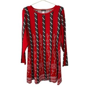 NWOT VENUS Red and Black Stripe and Floral Print Long Sleeve Sweater Swing Dress